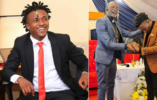 A collage of Peter Miracle Baby when he was still a Mugiithi singer ( left) and Miracle Baby in the church being ordained as a pastor (Right)