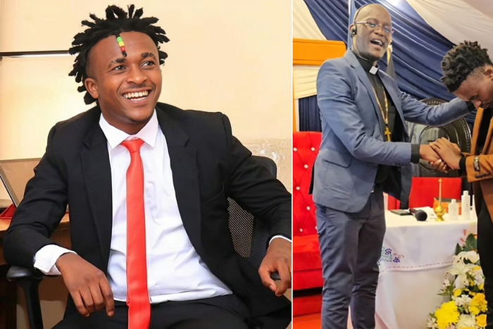 A collage of Peter Miracle Baby when he was still a Mugiithi singer ( left) and Miracle Baby in the church being ordained as a pastor (Right)