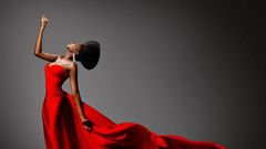 A lady in red dinner dress