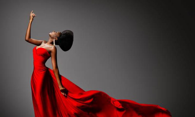 A lady in red dinner dress