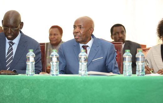 Education CS Ezekiel Machogu, PS Belio Kipsang and TSC CEO Nancy Macharia during the release of the 2023 KCPE exam results in Nairobi on November 23, 2023