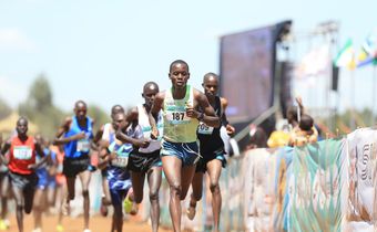 Samuel Kibathi leads the men's Under-20 8km race at the Sirikwa Classic Cross-country/ATHLETICS KENYA