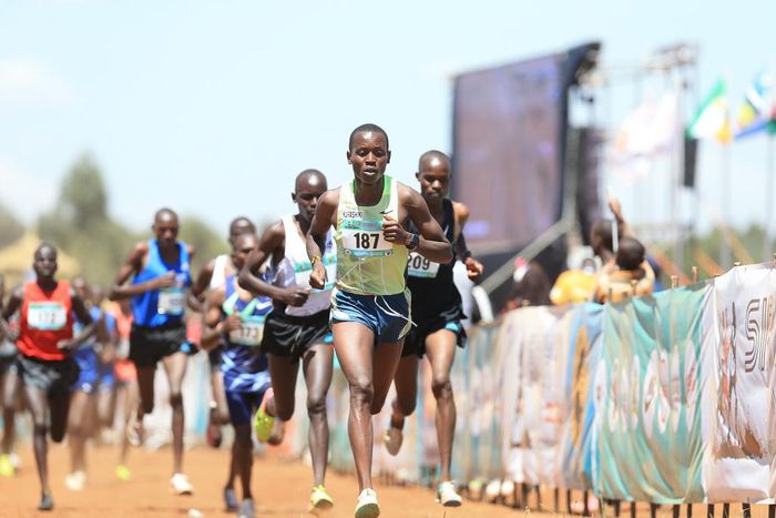 Samuel Kibathi leads the men's Under-20 8km race at the Sirikwa Classic Cross-country/ATHLETICS KENYA