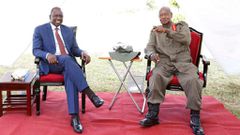 President William Ruto chats with President Yoweri Museveni of Uganda at Mubende State lodge in Uganda
