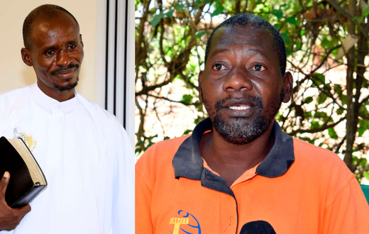 A collage image of New Life Prayer Centre and Church's pastor Ezekiel Odero (L) and Paul Mackenzie