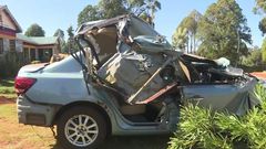 Wreckage of the Toyota Premio that Kelvin Kiptum was driving