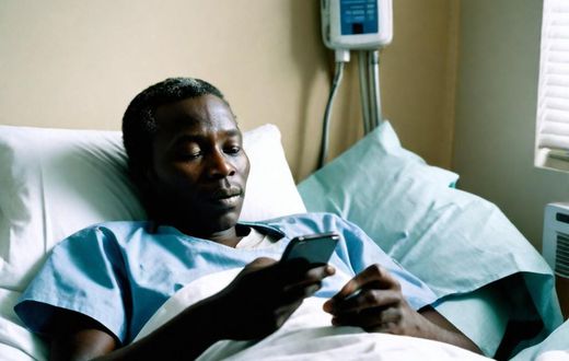 AI generated image of a patient-in-a-hospital-bed-holding-a-phone