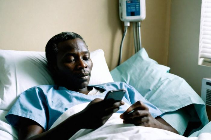 AI generated image of a patient-in-a-hospital-bed-holding-a-phone