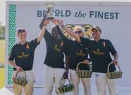 The winners of the 2023 Peter Davis Cup Polo Tournament, BM Security, hold their trophy aloft. (L-R) Harry Stitchbury, Moses Wainaga, Phylippa Gulden and Bobby Kamani.