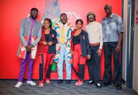 Polycarp, Chimano, Savara and Bien from Sauti Sol pose for a photo with models at the Sol Fest partnership announcement between Coke Studio and Sauti Sol, at the Coca Cola offices on October 31