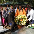 Raila Odinga with his wife Ida Odinga and President Uhuru Kenyatta lay wreaths at the mausoleum which hosts Oginga Odinga and Fidel Odinga's graves (Twitter)