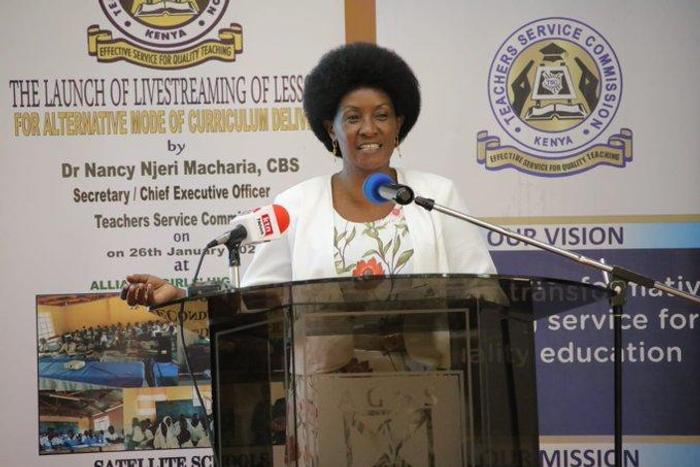 TSC CEO Nancy Macharia at the launch of live-streaming lessons in Kenya