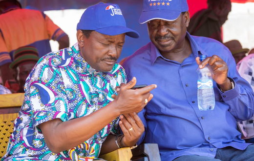 Azimio La Umoja One-Kenya principals Kalonzo Musyoka and Raila Odinga during a campaign rally in Turkana on April 4, 2022.