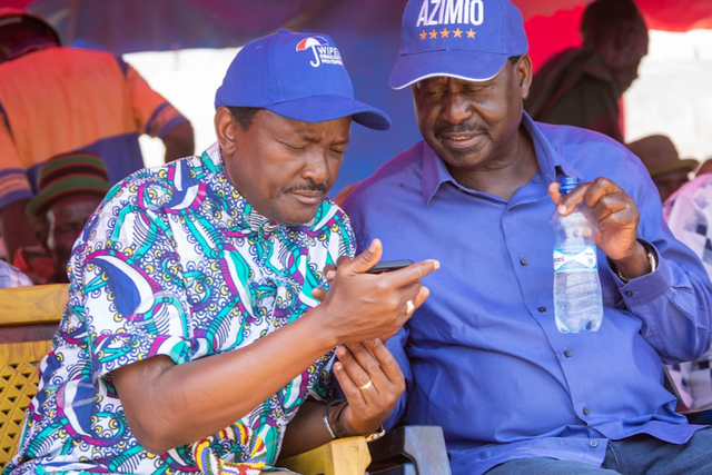 Azimio La Umoja One-Kenya principals Kalonzo Musyoka and Raila Odinga during a campaign rally in Turkana on April 4, 2022.