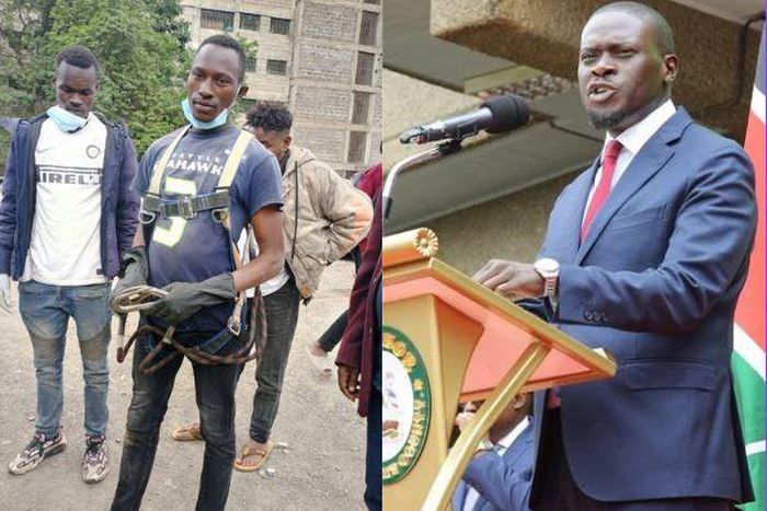 A collage image of Kyallo Jilani Wambua who is among volunteers who retrieved bodies from an abandoned quarry in Kware and Nairobi Governor Johnson Sakaja
