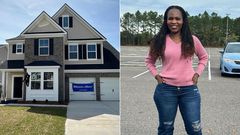 A collage of Linda Okello and her new house