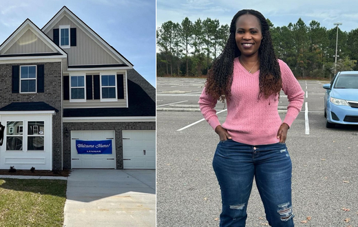 A collage of Linda Okello and her new house