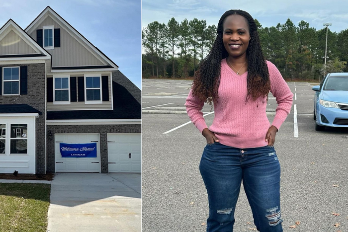 A collage of Linda Okello and her new house