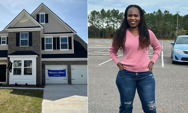 A collage of Linda Okello and her new house