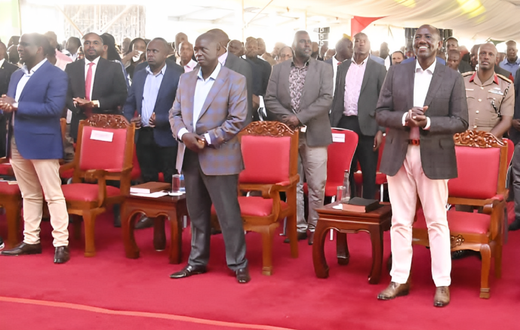 President William Ruto and his deputy, Rigathi Gachagua at Kanyipir, Homa Bay County, during the thanksgiving ceremony of Interior PS Raymond Omollo on July 15, 2023