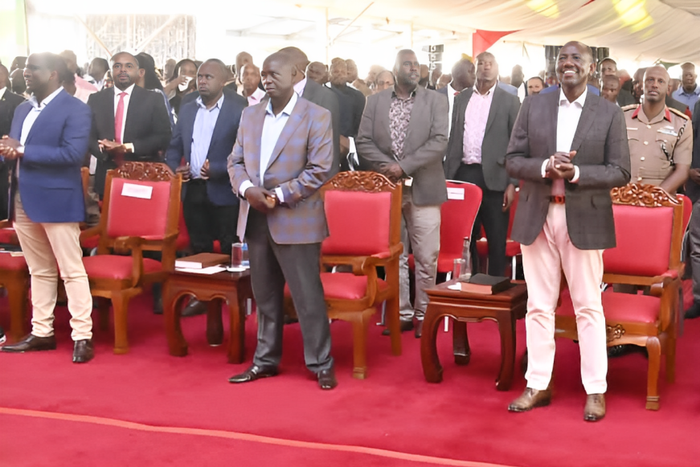 President William Ruto and his deputy, Rigathi Gachagua at Kanyipir, Homa Bay County, during the thanksgiving ceremony of Interior PS Raymond Omollo on July 15, 2023