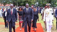 President William Ruto accompanied by his deputy Rigathi Gachagua, First Lady Racheal Ruto, First Daughter Charlene Ruto and other dignitaries at the funeral of the late Chief of Defence Forces, General Francis Ogolla in Siaya on April 21, 2024