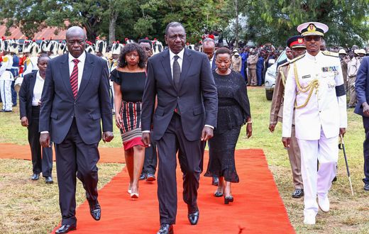 President William Ruto accompanied by his deputy Rigathi Gachagua, First Lady Racheal Ruto, First Daughter Charlene Ruto and other dignitaries at the funeral of the late Chief of Defence Forces, General Francis Ogolla in Siaya on April 21, 2024