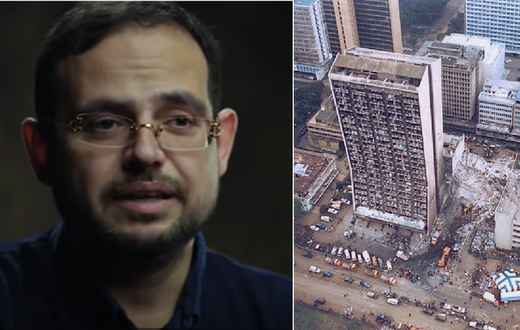 A collage of Aimen Dean and the bomb site of the attack on the U.S. Embassy in Nairobi