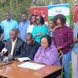Kenya Editors Guild (KEG) president Churchill Otieno and other stakeholders addressing the press on Sunday, April 2, 2023