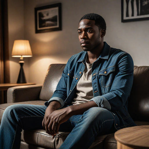 An AI-generated image of a man who is depressed (Hotpot.ai)