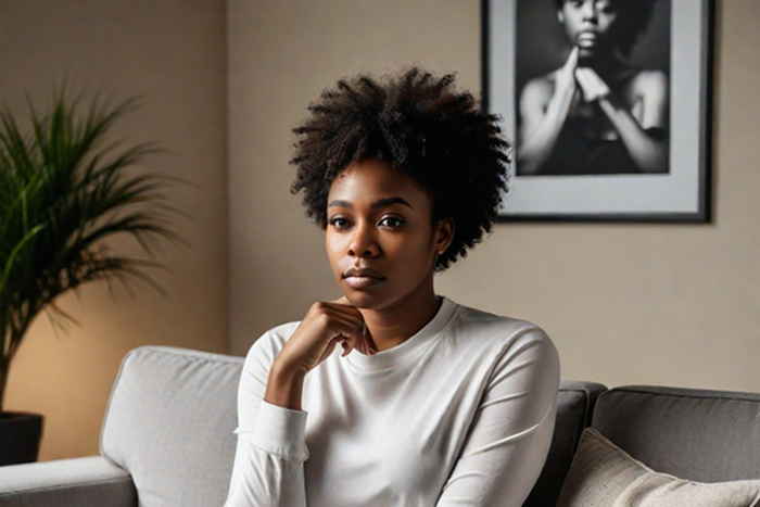 An AI-generated image of a woman who is depressed (Hotpot.ai)