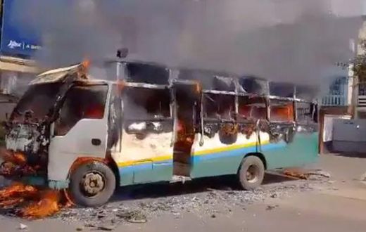 The bus that was torched by goons along Ngong Road in Nairobi on Tuesday, May 2, 2023, when anti-government protests called for by Azimio la Umoja - One Kenya resumed