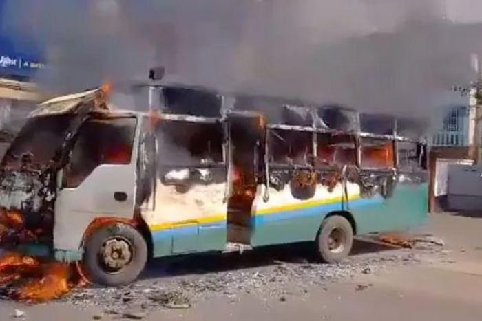 The bus that was torched by goons along Ngong Road in Nairobi on Tuesday, May 2, 2023, when anti-government protests called for by Azimio la Umoja - One Kenya resumed