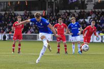Tom Clare 9 of Macclesfield FC scores from the penalty spot to make it 2-0 against AFC Liverpool on April 2, 2022.