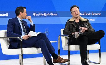 Left to right: Andrew Ross Sorkin and Elon Musk speak onstage during The New York Times DealBook Summit 2023.Slaven Vlasic/Getty Images for The New York Times