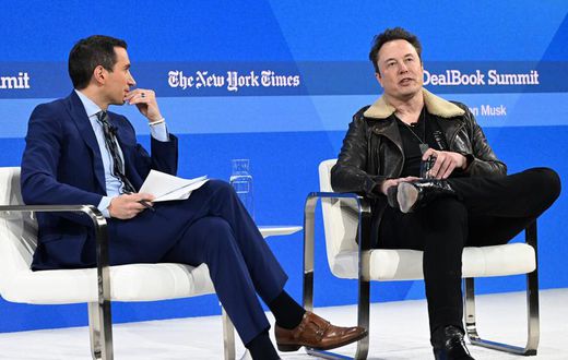 Left to right: Andrew Ross Sorkin and Elon Musk speak onstage during The New York Times DealBook Summit 2023.Slaven Vlasic/Getty Images for The New York Times