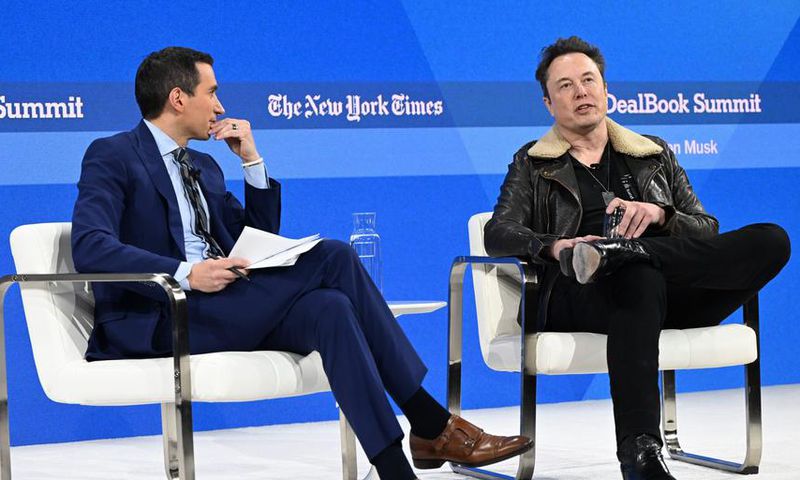 Left to right: Andrew Ross Sorkin and Elon Musk speak onstage during The New York Times DealBook Summit 2023.Slaven Vlasic/Getty Images for The New York Times