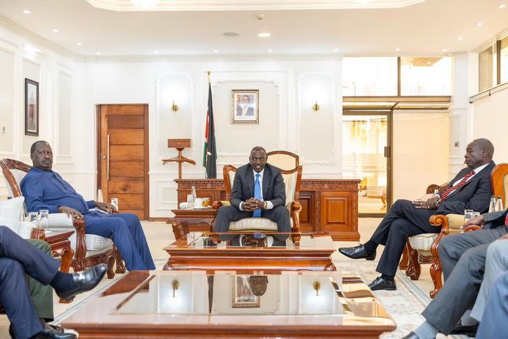 President William Ruto, Deputy President Rigathi Gachagua & ODM leader Raila Odinga at State House, Nairobi on July 9, 2024