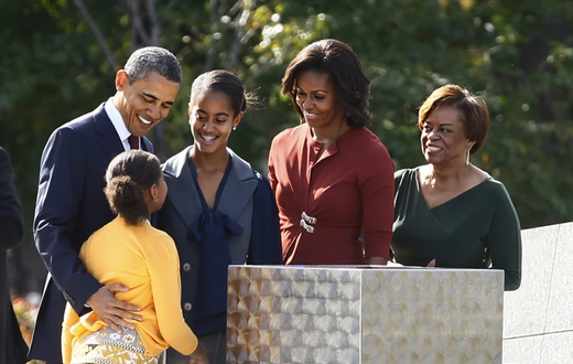 President Barack Obama (from left), his daughters Sasha and Malia, first lady Michelle Obama and Marian Robinson, Michelle Obama’s mother, at the Martin Luther King Jr. National Memorial on the National Mall in Washington in 2011.Carolyn Kaster/AP
