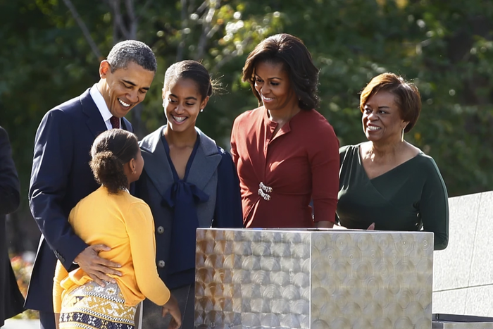 President Barack Obama (from left), his daughters Sasha and Malia, first lady Michelle Obama and Marian Robinson, Michelle Obama’s mother, at the Martin Luther King Jr. National Memorial on the National Mall in Washington in 2011.Carolyn Kaster/AP