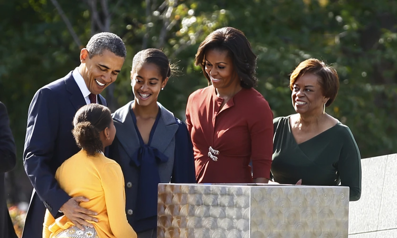 President Barack Obama (from left), his daughters Sasha and Malia, first lady Michelle Obama and Marian Robinson, Michelle Obama’s mother, at the Martin Luther King Jr. National Memorial on the National Mall in Washington in 2011.Carolyn Kaster/AP