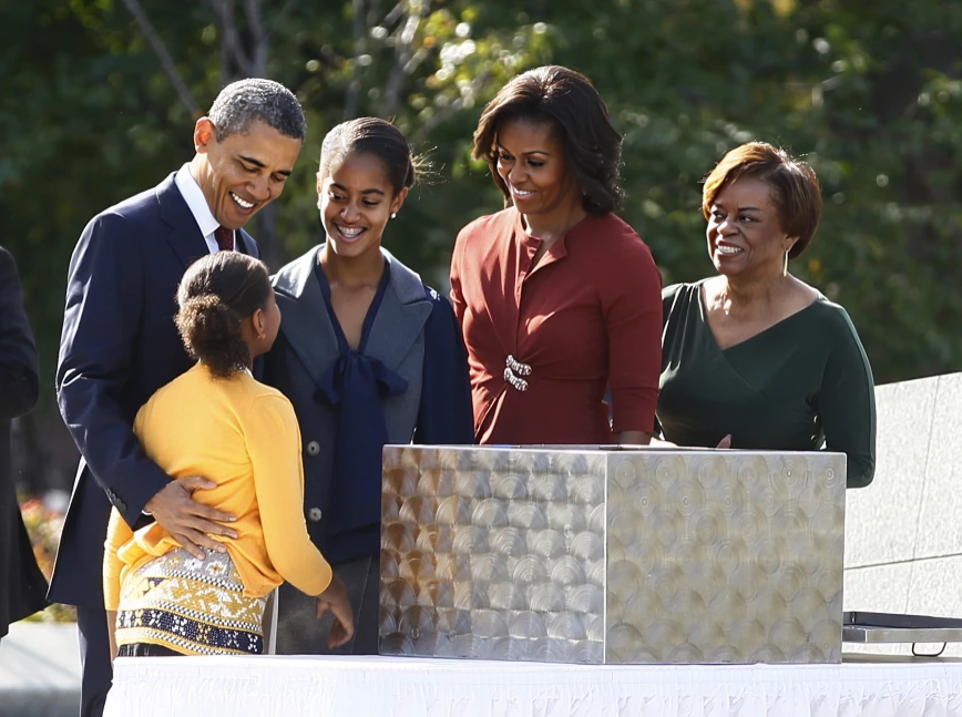 President Barack Obama (from left), his daughters Sasha and Malia, first lady Michelle Obama and Marian Robinson, Michelle Obama’s mother, at the Martin Luther King Jr. National Memorial on the National Mall in Washington in 2011.Carolyn Kaster/AP