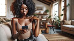AI-generated image of a young African woman in a living room looking at her phone