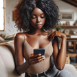 AI-generated image of a young African woman in a living room looking at her phone