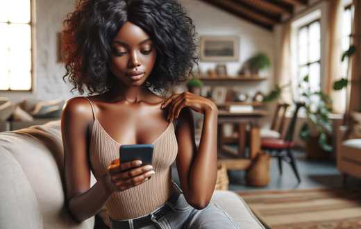 AI-generated image of a young African woman in a living room looking at her phone