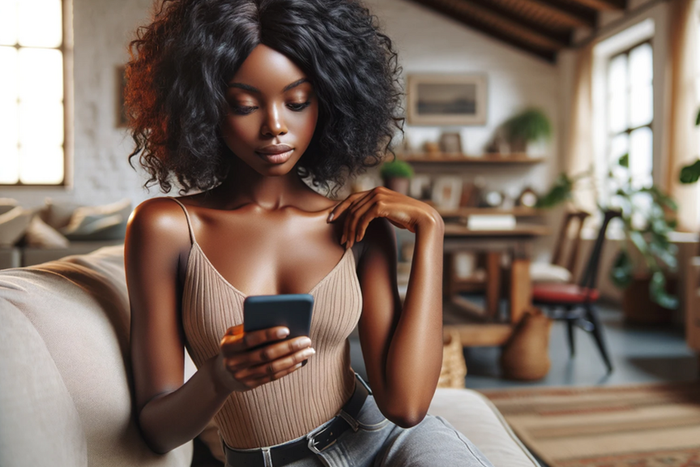 AI-generated image of a young African woman in a living room looking at her phone
