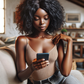 AI-generated image of a young African woman in a living room looking at her phone