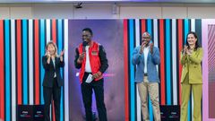 Cabinet Secretary Ministry of Youth Affairs, Creative Economy, and Sports Ababu Namwamba, EGH (centre) addresses the crowd at the launch of #TikTokEmpower with Yunus Social Business. Flanking him is Ara Yoo Han, Global Social Impact Lead at ByteDance /...