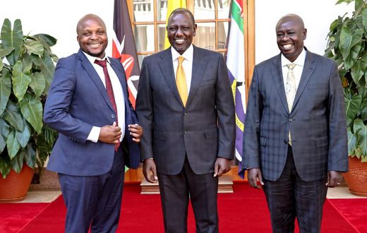 President William Ruto, Deputy President Rigathi Gachagua and Lang'ata MP Jalang'o at State House on February 7, 2023