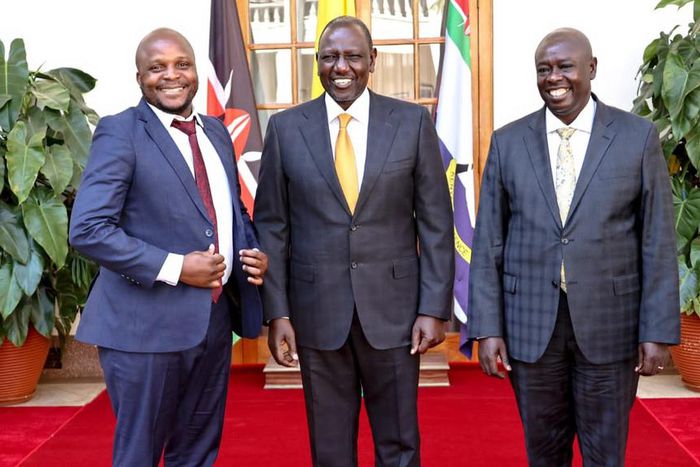 President William Ruto, Deputy President Rigathi Gachagua and Lang'ata MP Jalang'o at State House on February 7, 2023